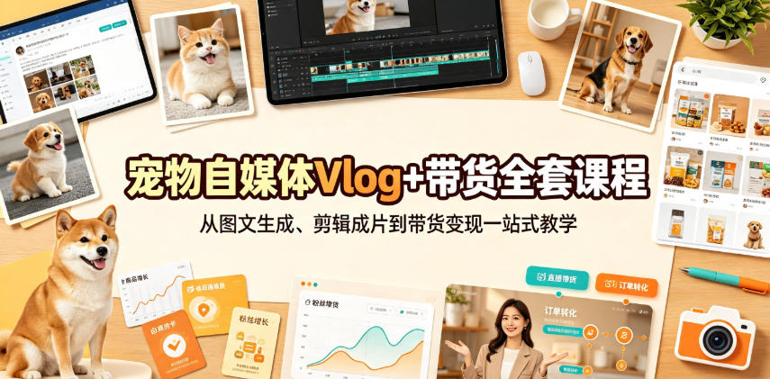 宠物自媒体Vlog+带货全套课程｜从图文生成、剪辑成片到带货变现一站式教学-云网创