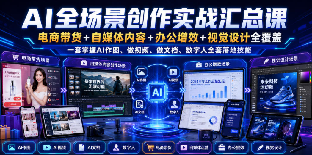 AI全场景创作实战汇总课｜电商带货+自媒体内容+办公增效+视觉设计全覆盖，一套掌握AI作图、做视频、做文档、数字人全套落地技能-云网创