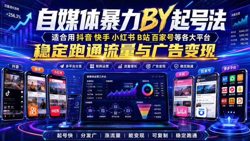 自媒体暴力搬运起号法，适合用抖音快手小红书B站百家号等各大平台，稳定跑通流量与广告变现-云网创