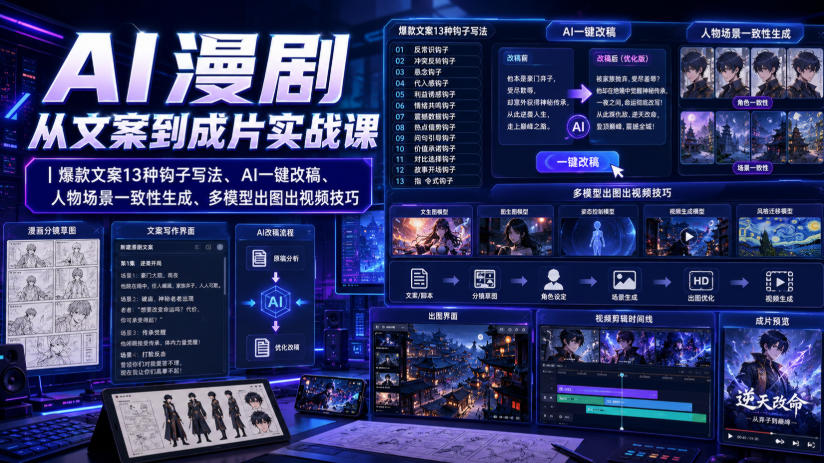 AI漫剧从文案到成片实战课｜爆款文案13种钩子写法、AI一键改稿、人物场景一致性生成、多模型出图出视频技巧-云网创
