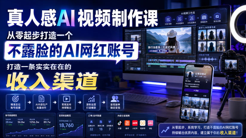 真人感AI视频制作课，从零起步打造一个不露脸的AI网红账号，打造一条实实在在的收入渠道【原创双语字幕】-云网创