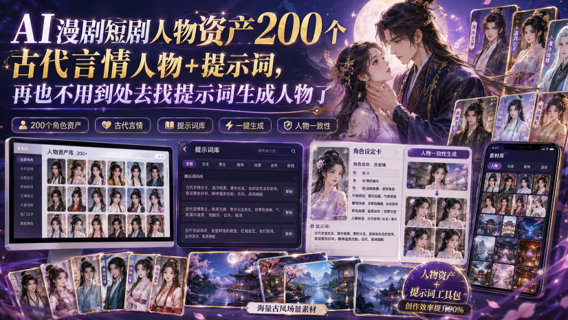 AI漫剧短剧人物资产200个古代言情人物+提示词，再也不用到处去找提示词生成人物了-云网创