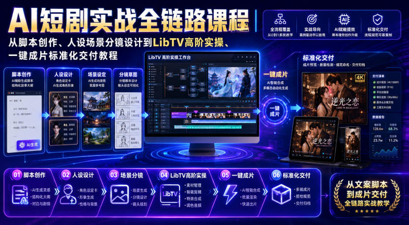 AI短剧实战全链路课程｜从脚本创作、人设场景分镜设计到LibTV高阶实操、一键成片标准化交付教程-云网创