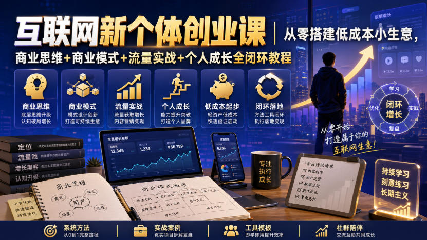互联网新个体创业课｜从零搭建低成本小生意，商业思维+商业模式+流量实战+个人成长全闭环教程-云网创