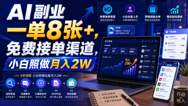 AI副业一单8张+，免费接单渠道，小白照做月入2W【揭秘】-云网创