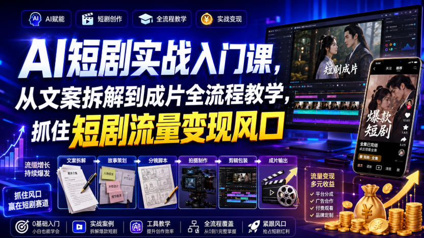 AI短剧实战入门课，从文案拆解到成片全流程教学，抓住短剧流量变现风口-云网创