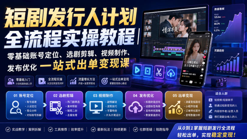短剧发行人计划全流程实操教程｜零基础账号定位、选剧剪辑、视频制作、发布优化一站式出单变现课​-云网创
