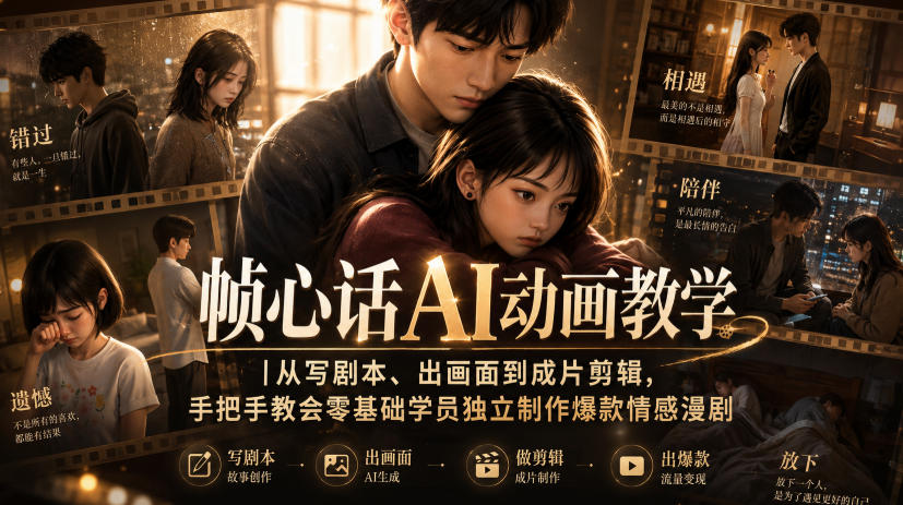 帧心话AI动画教学｜从写剧本、出画面到成片剪辑，手把手教会零基础学员独立制作爆款情感漫剧-云网创