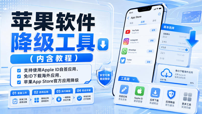苹果软件降级工具(内含教程)，支持使用Apple ID自签应用、免ID下载海外应用、苹果App Store官方应用降级等-云网创