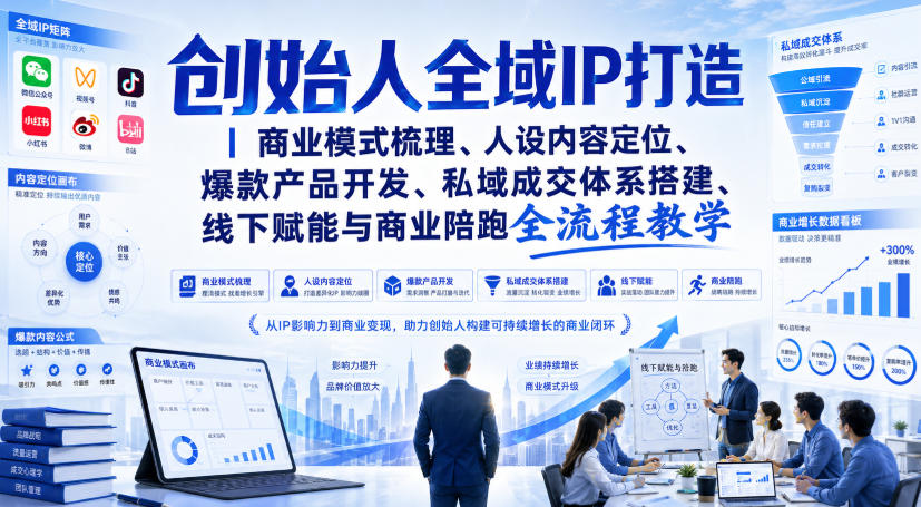 创始人全域IP打造｜商业模式梳理、人设内容定位、爆款产品开发、私域成交体系搭建、线下赋能与商业陪跑全流程教学-云网创