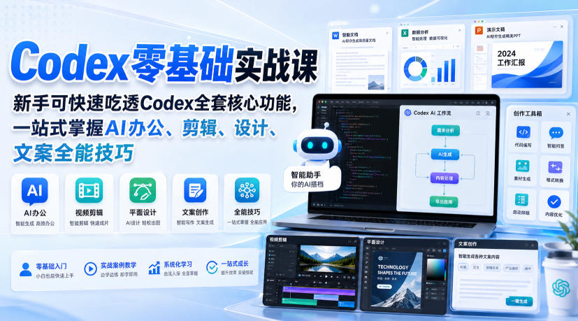 Codex零基础实战课，新手可快速吃透Codex全套核心功能，一站式掌握AI办公、剪辑、设计、文案全能技巧-云网创