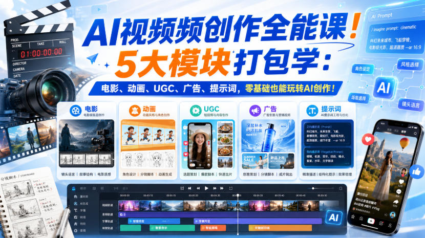 AI视频频创作全能课！5大模块打包学：电影、动画、UGC、广告、提示词，零基础也能玩转AI创作！【原创双语字幕】-云网创