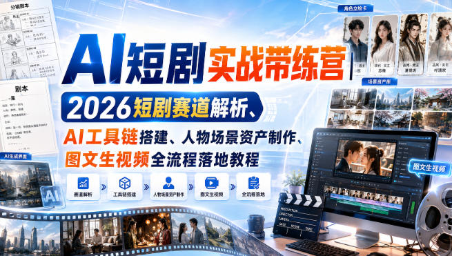 AI短剧实战带练营｜2026短剧赛道解析、AI工具链搭建、人物场景资产制作、图文生视频全流程落地教程-云网创