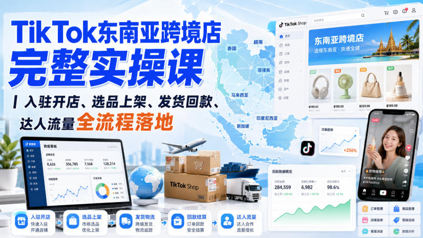 TikTok东南亚跨境店完整实操课｜入驻开店、选品上架、发货回款、达人流量全流程落地-云网创