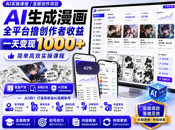AI生成漫画全平台撸创作者收益内部课程，实操最高单日变现1k+-云网创