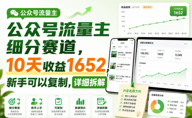 公众号流量主细分赛道，10天收益1652，新手可以复制，详细拆解-云网创