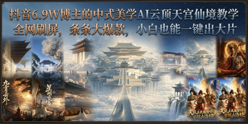 抖音6.9W博主的中式美学AI云顶天宫仙境教学，全网刷屏，条条大爆款，小白也能一键出大片-云网创