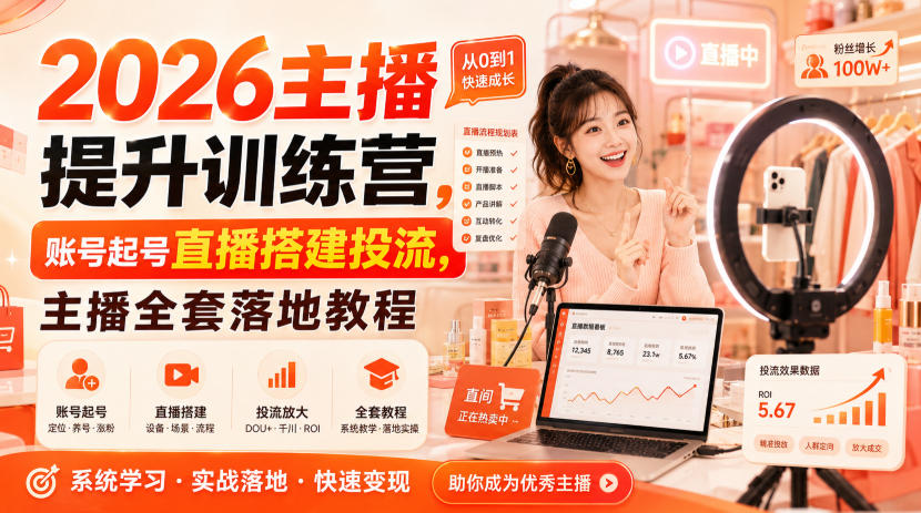 2026主播提升训练营，账号起号直播搭建投流，主播全套落地教程-云网创