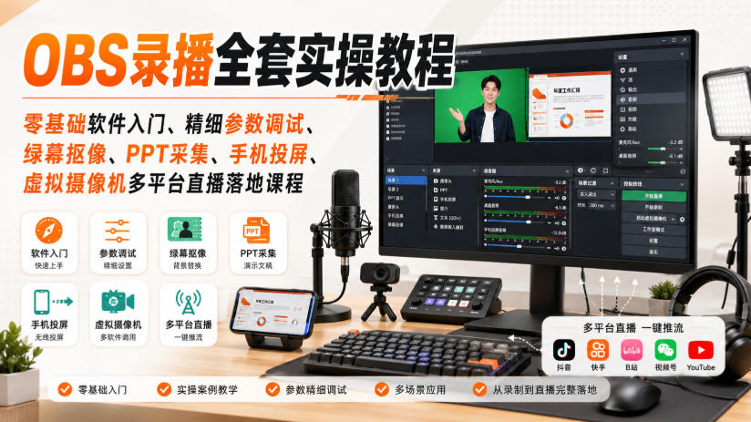 OBS录播全套实操教程｜零基础软件入门、精细参数调试、绿幕抠像、手机投屏、虚拟摄像机多平台直播落地课程-云网创
