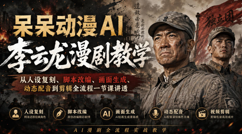 呆呆动漫AI李云龙漫剧教学，从人设复刻、脚本改编、画面生成、动态配音到剪辑全流程一节课讲透-云网创