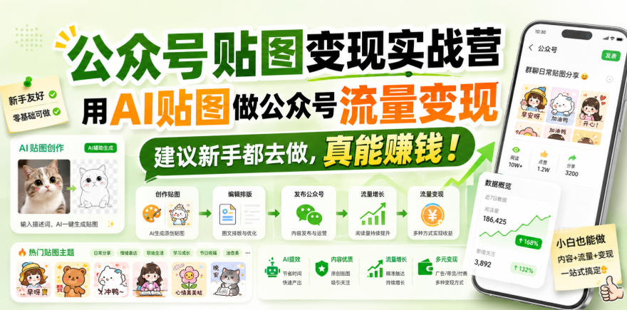 公众号贴图变现实战营，用AI贴图做公众号流量变现，建议新手都去做，真能賺钱！-云网创
