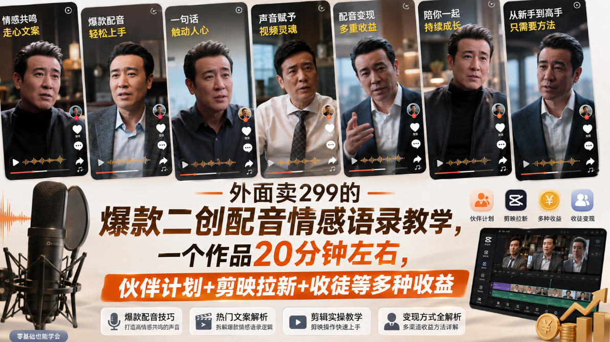 外面卖299的爆款二创配音情感语录教学，一个作品20分钟左右，伙伴计划+剪映拉新+收徒等多种收益-云网创