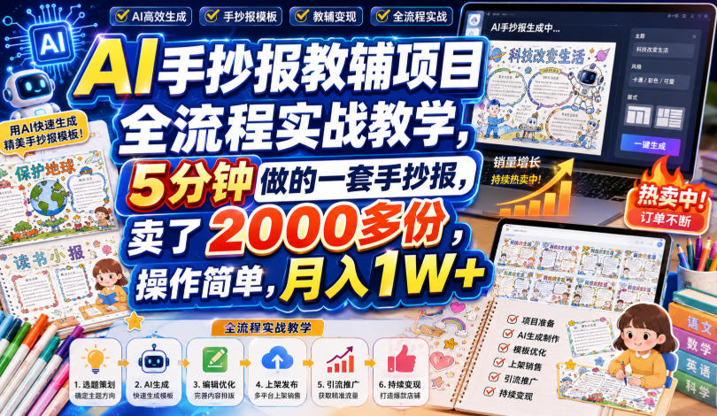 AI手抄报教辅项目全流程实战教学，5分钟做的一套手抄报，卖了2000多份，操作简单，月入1W+-云网创