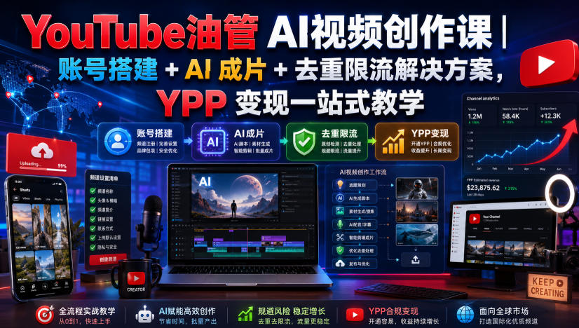 YouTube油管AI视频创作课｜账号搭建+AI成片+去重限流解决方案，YPP变现一站式教学(更新0809)-云网创