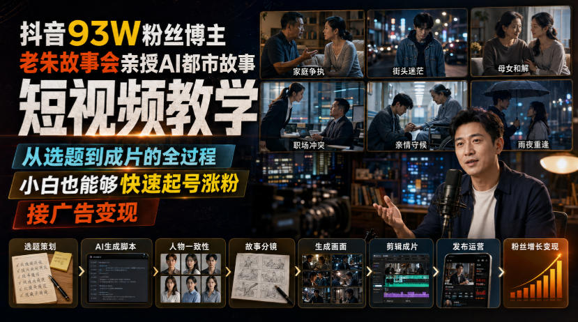 抖音93W粉丝博主老朱故事会亲授AI都市故事短视频教学，从选题到成片的全过程，小白也能够快速起号涨粉接广告变现-云网创