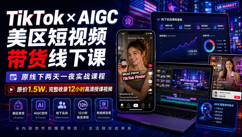 TikTok×AIGC美区短视频带货线下课，原线下两天一夜实战课程，原价1.5W，完整收录12小时高清授课视频-云网创