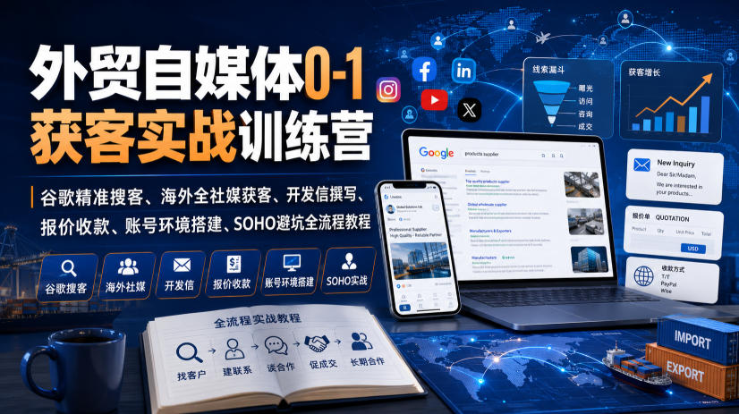 外贸自媒体0-1获客实战训练营｜谷歌精准搜客、海外全社媒获客、开发信撰写、报价收款、账号环境搭建、SOHO避坑全流程教程-云网创