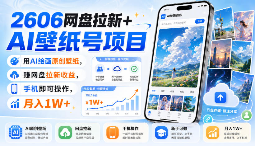 2606网盘拉新+AI壁纸号项目，用AI绘画原创壁纸，賺网盘拉新收益，手机即可操作，月入1W+-云网创