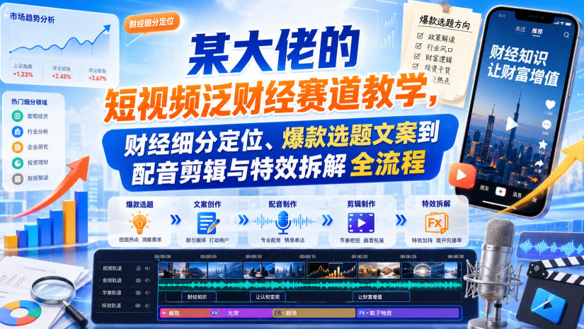 某大佬的短视频泛财经赛道教学，财经细分定位、爆款选题文案到配音剪辑与特效拆解全流程-云网创