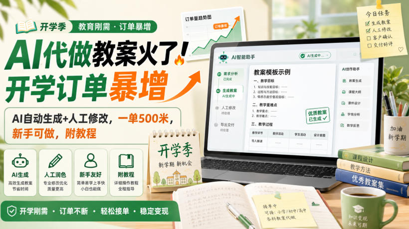 AI代做教案火了！开学订单暴增，AI自动生成+人工修改，一单500米，新手可做，附教程【揭秘】-云网创