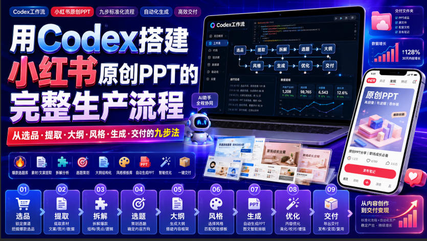 用Codex搭建小红书原创PPT的完整生产流程，从选品·提取·大纲·风格·生成·交付的九步法-云网创
