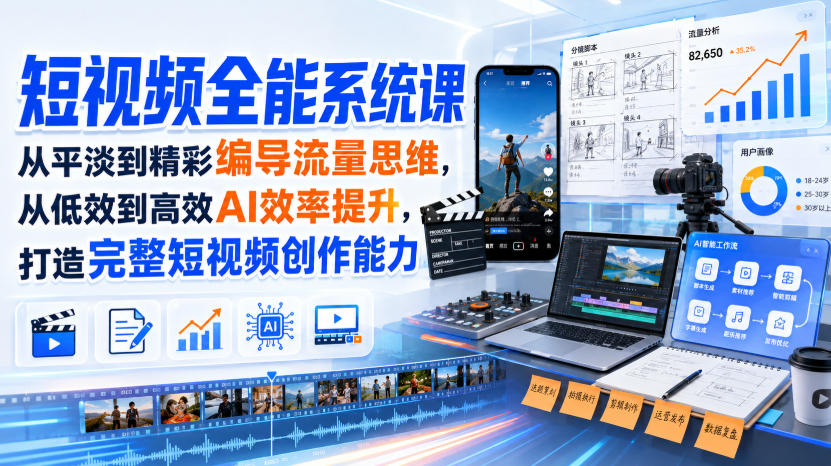 短视频全能系统课，从平淡到精彩编导流量思维，从低效到高效AI效率提升，打造完整短视频创作能力(2026年8月30更新233集)-云网创