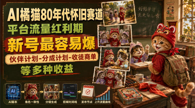 AI橘猫80年代怀旧赛道，平台流量红利期，新号最容易爆，伙伴计划-分成计划-收徒商单等多种收益-云网创