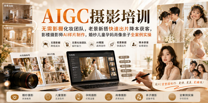 AIGC摄影培训｜无需影棚化妆团队，老景新搭快速出片降本获客，影楼摄影师AI样片制作，婚纱儿童孕妈肖像亲子全案例实操-云网创