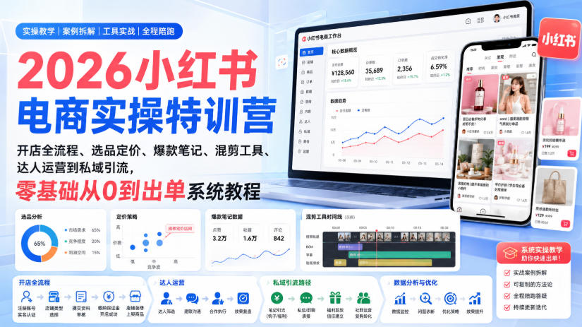 2026小红书电商实操特训营｜开店全流程、选品定价、爆款笔记、混剪工具、达人运营到私域引流，零基础从0到出单系统教程-云网创