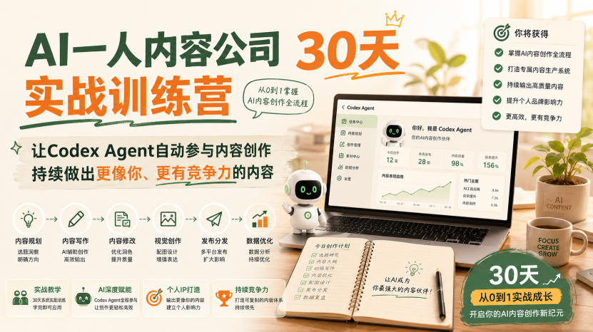 AI一人内容公司30天实战训练营，让Codex Agent自动参与内容创作持续做出更像你、更有竞争力的内容-云网创