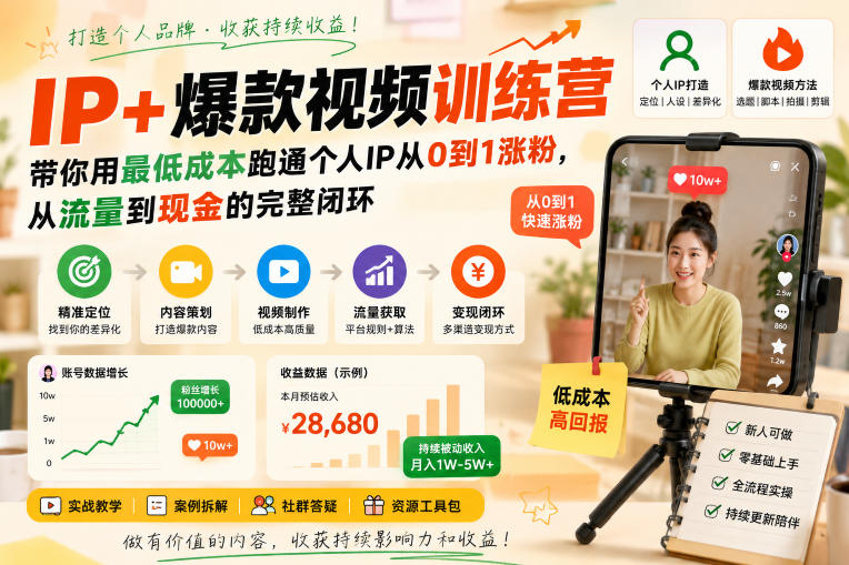 IP+爆款视频训练营，带你用最低成本跑通个人IP从0到1涨粉，从流量到现金的完整闭环-云网创
