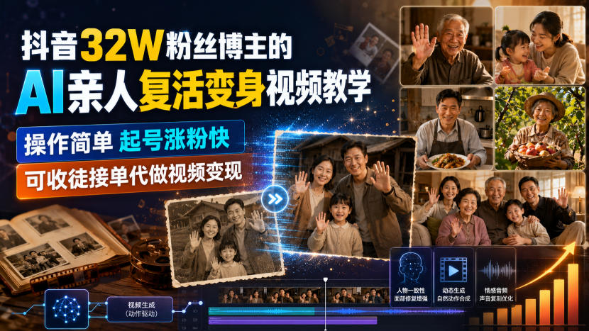 抖音32W粉丝博主的AI亲人复活变身视频教学，操作简单，起号涨粉快，可收徒接单代做视频变现-云网创