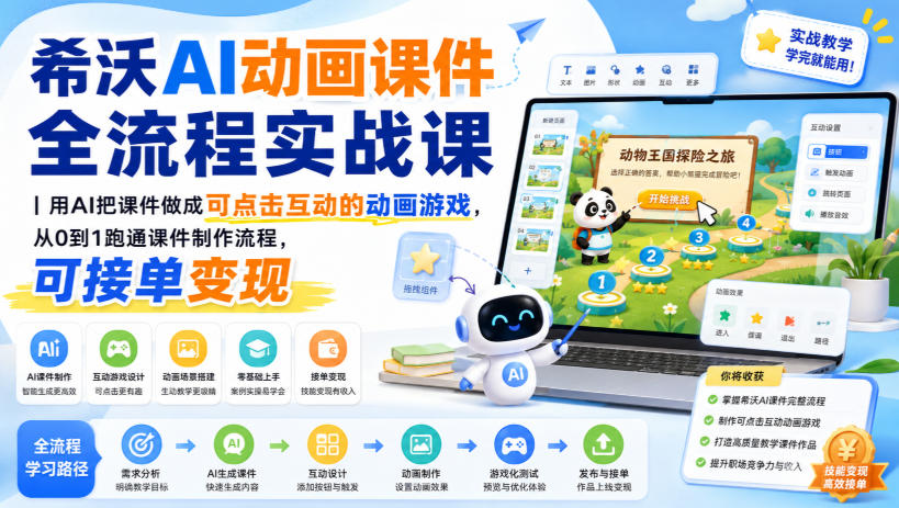 希沃AI动画课件全流程实战课｜用AI把课件做成可点击互动的动画游戏，从0到1跑通课件制作流程，可接单变现-云网创