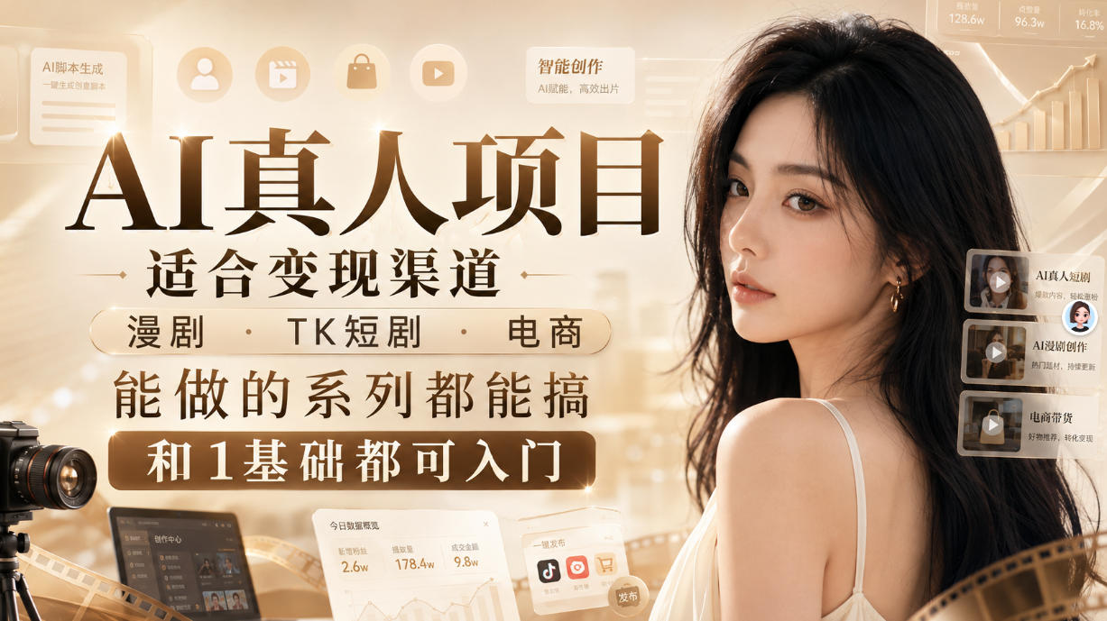 AI真人项目，适合变现渠道，漫剧，TK短剧，电商，能做的系列都能搞，0和1基础都可入门-云网创