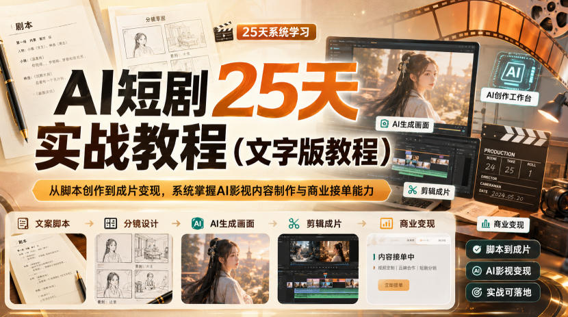 AI短剧25天实战教程(文字版教程)，从脚本创作到成片变现，系统掌握AI影视内容制作与商业接单能力-云网创