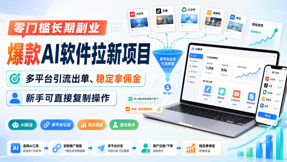 零门槛长期副业，爆款AI软件拉新项目，多平台引流出单、稳定拿佣金，新手可直接复制操作-云网创