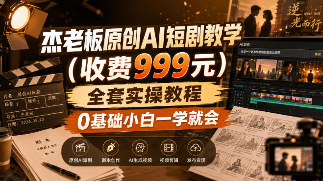 杰老板原创AI短剧教学(收费999元)，全套实操教程，0基础小白一学就会，非搬运技术-云网创