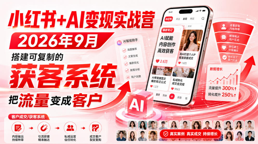 小红书+AI变现实战营2026年9月，搭建可复制的获客系统，把流量变成客户！-云网创