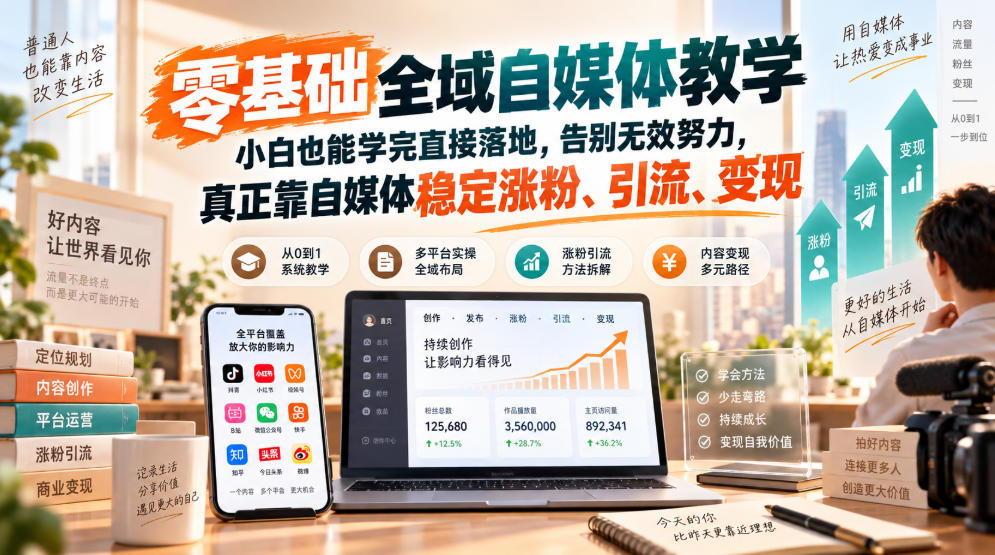 零基础全域自媒体教学，小白也能学完直接落地，告别无效努力，真正靠自媒体稳定涨粉、引流、变现-云网创