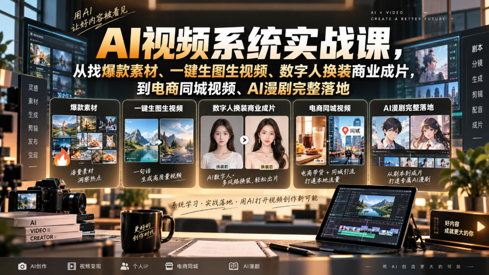 AI视频系统实战课，从找爆款素材、一键生图生视频、数字人换装商业成片，到电商同城视频、AI漫剧完整落地-云网创